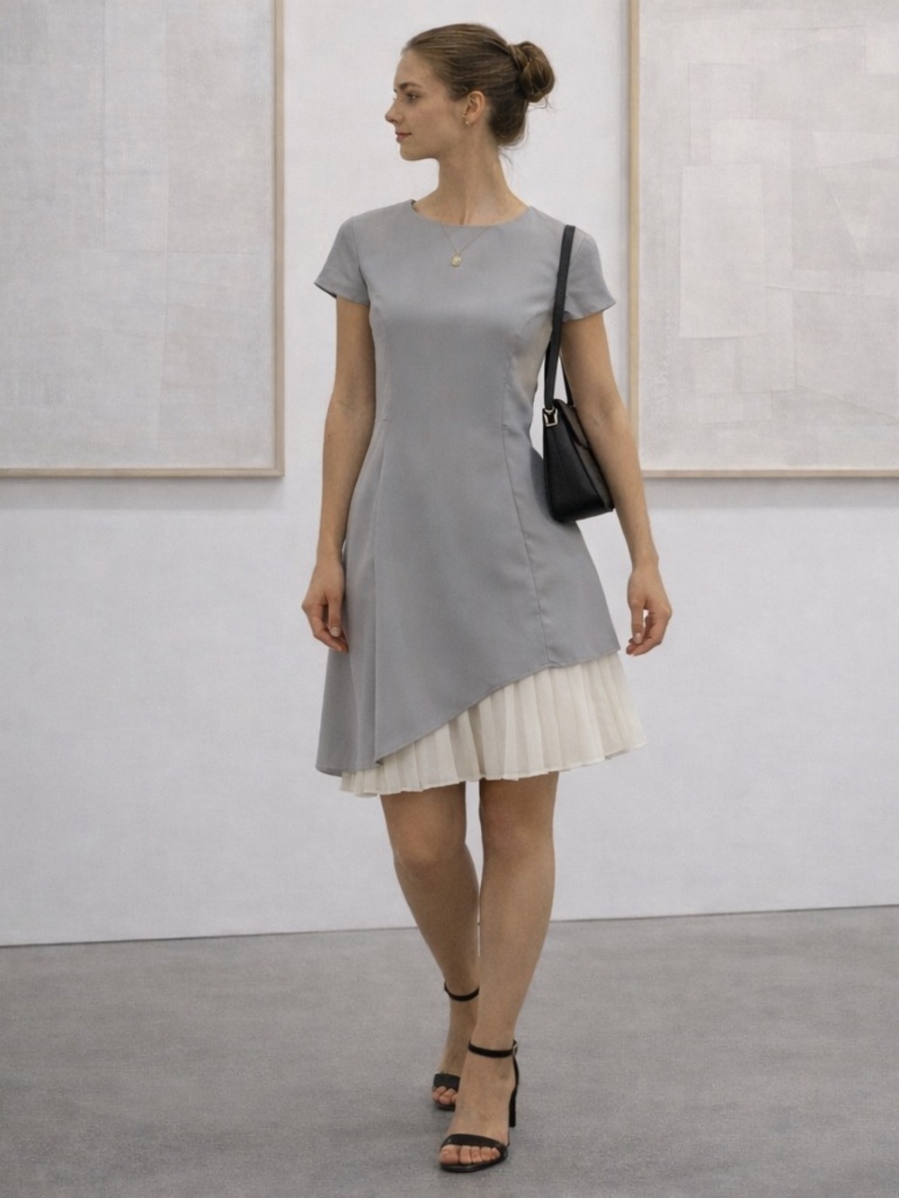 Minimalist Asymmetrical Gray Dress Pleated Hem Modern Chic Gallery Style